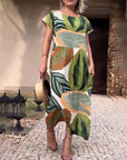 Leaf print short sleeve slit dress