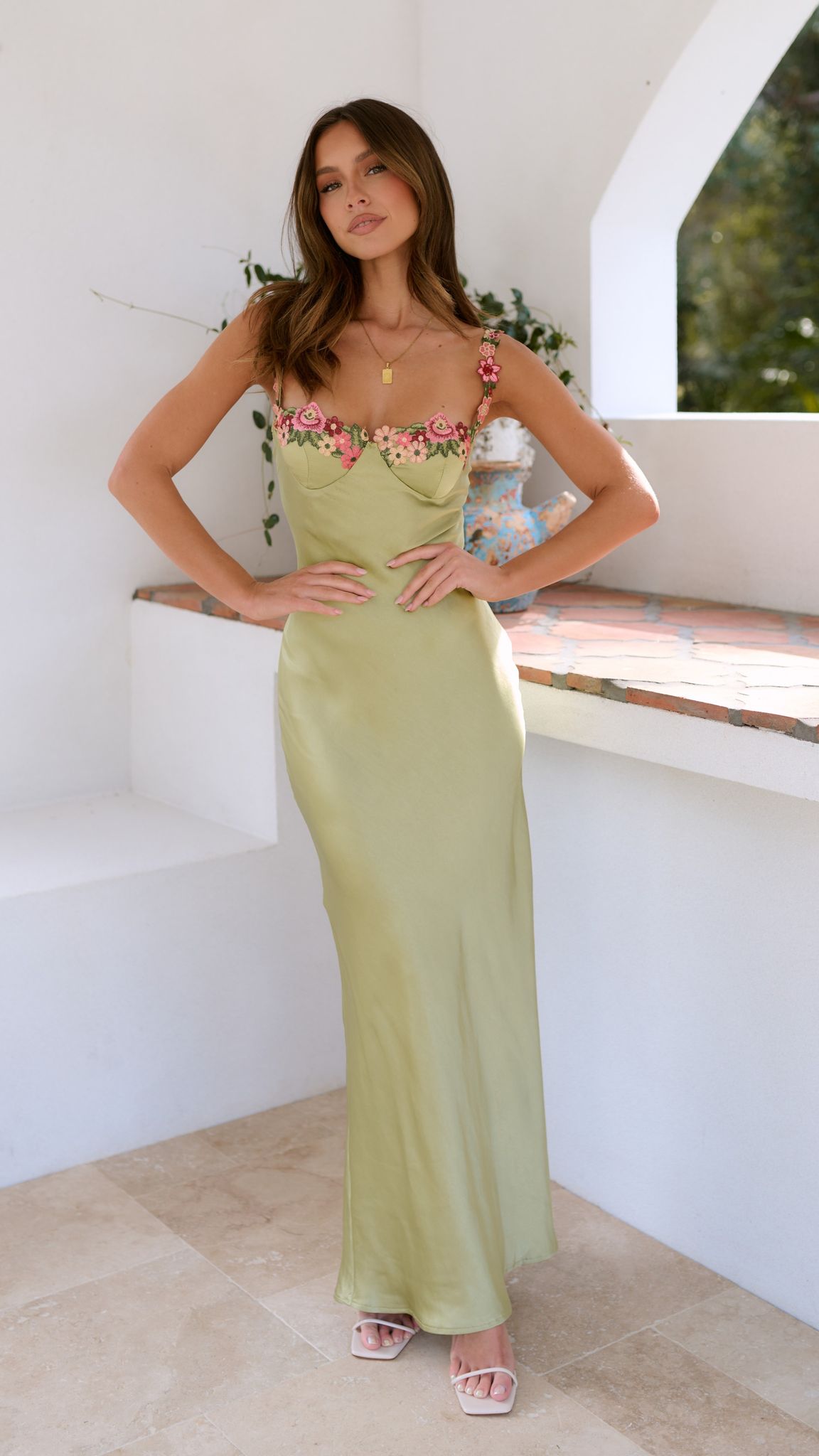 Embroidered Stitching Solid Color Satin Dress