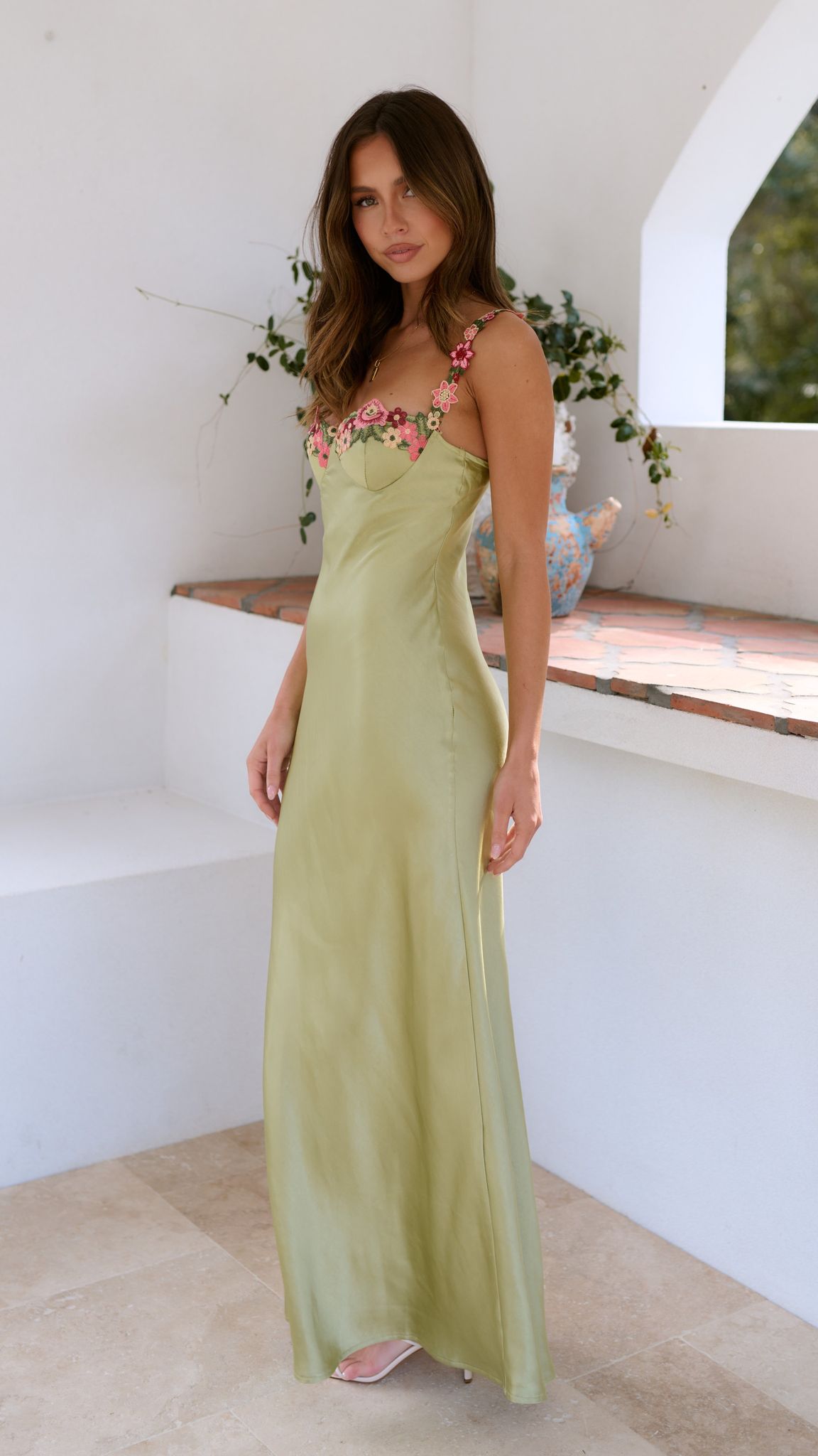 Embroidered Stitching Solid Color Satin Dress