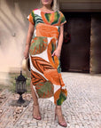 Leaf print short sleeve slit dress