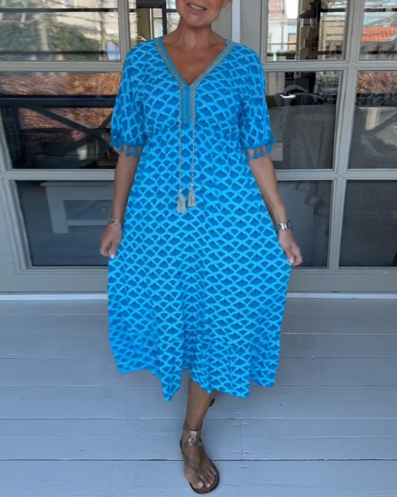 Printed V-Neck Casual Dress with Easy Fit