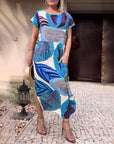 Leaf print short sleeve slit dress