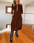 Elegant solid color round neck pocket dress