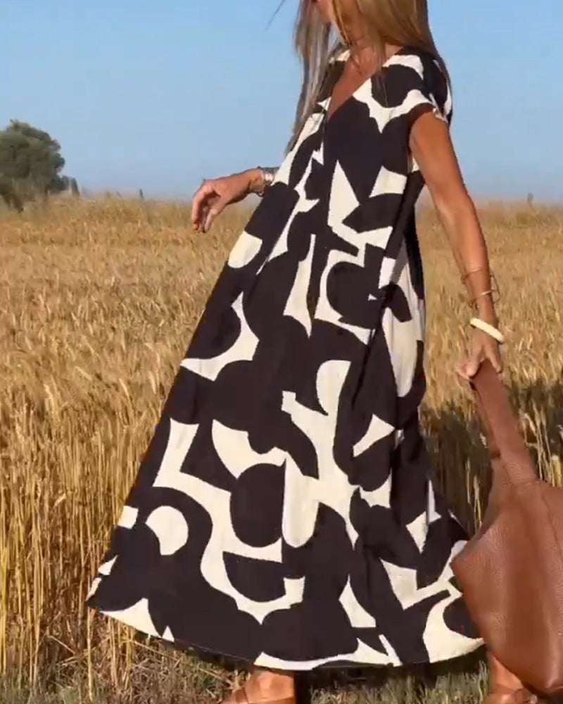 Patterned Deep V Midi Dress