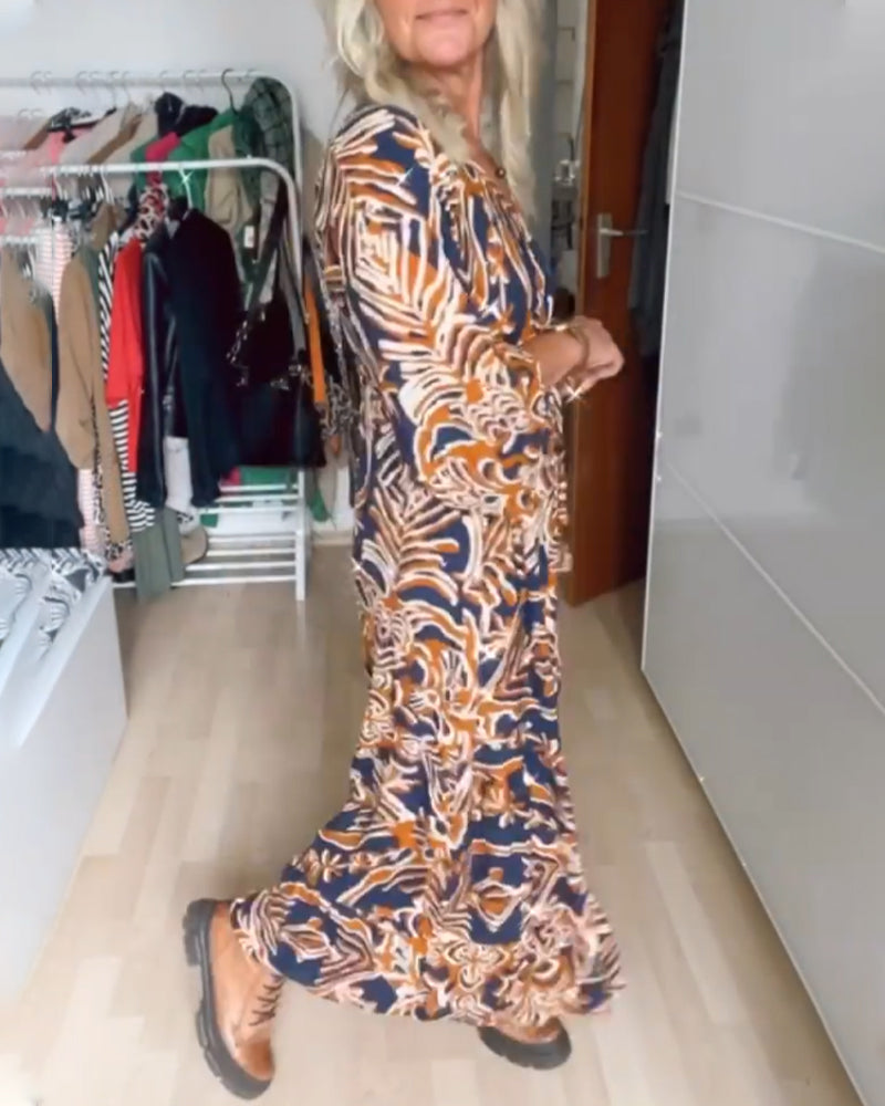 Flowy Printed Maxi Dress with V-Neckline