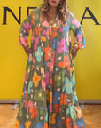 Colorful floral print bell sleeve casual dress
