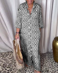 Vintage printed lapel pocket maxi dress