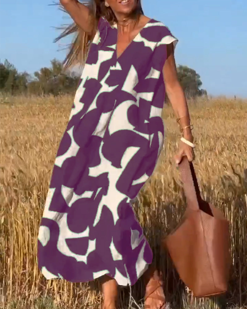 Patterned Deep V Midi Dress