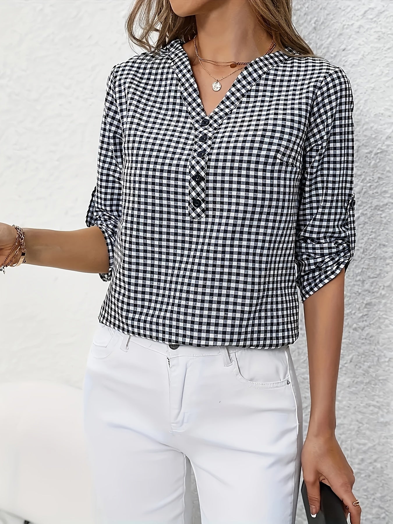 Elegant V-Neck Plaid Blouse