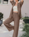 Long Sleeve Shirt Top Pants Two Piece-Set