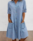 Solid color lace patchwork lapel button pocket dress