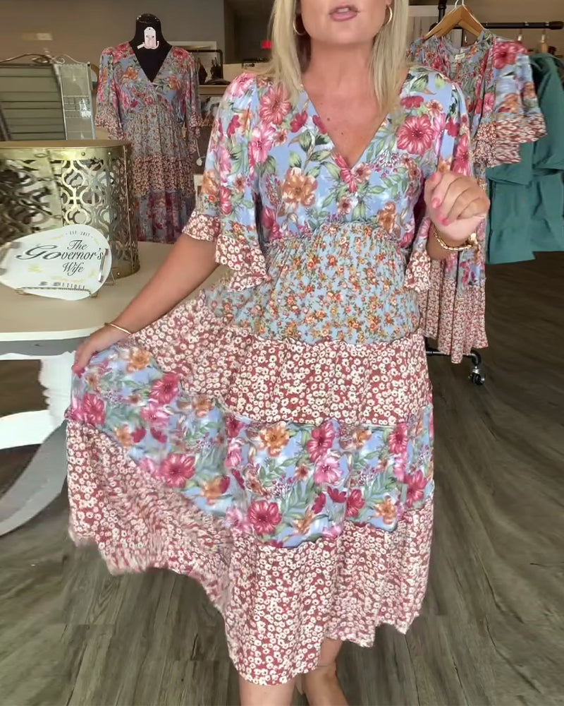 V-Neck Lotus Hem Floral Dress