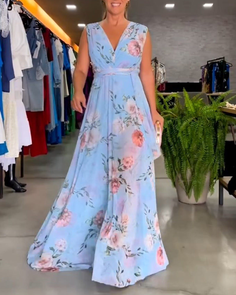 Floral print V-neck elegant sleeveless dress