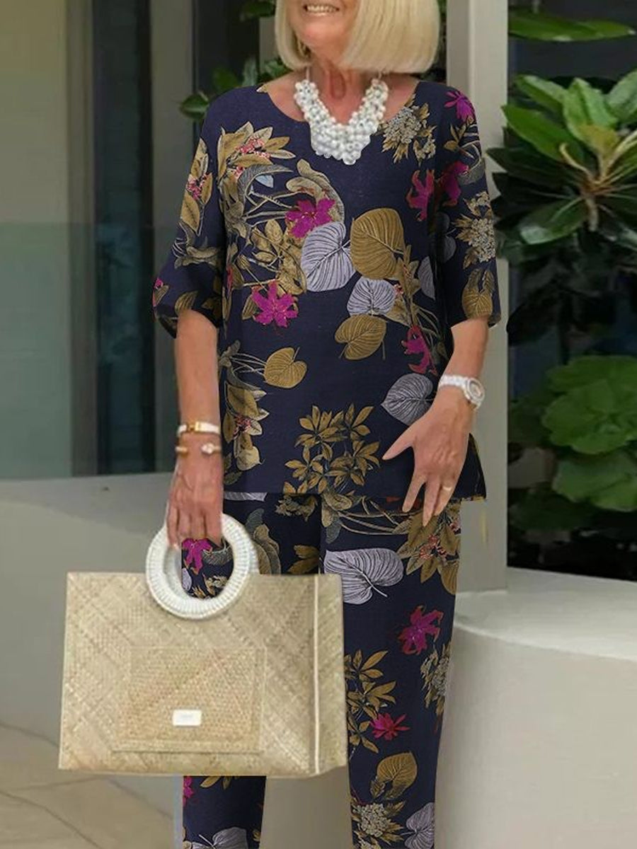 Floral Print Round Neck Two-Piece Set