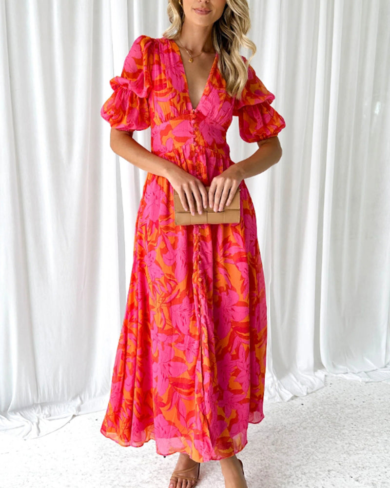 Puff sleeve printed deep V elegant dress