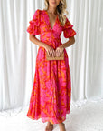 Puff sleeve printed deep V elegant dress