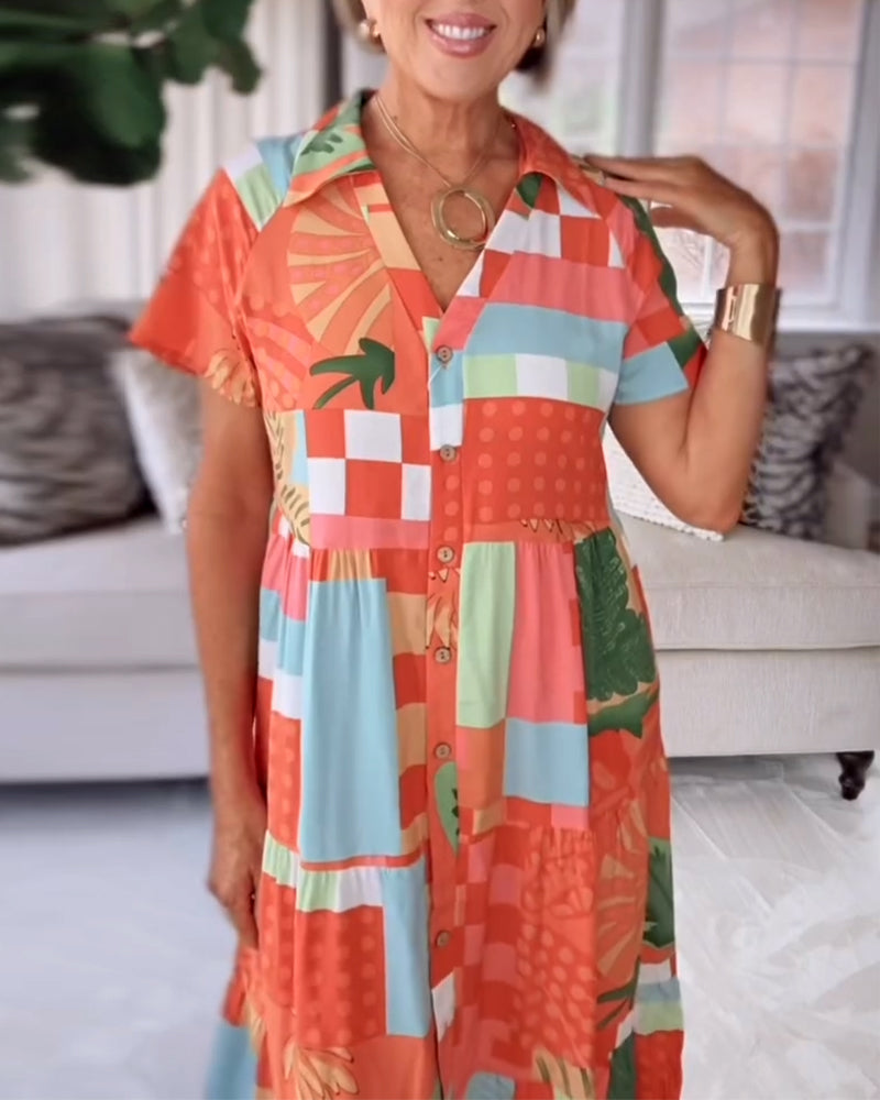 Patterned Short-Sleeve Casual Dress