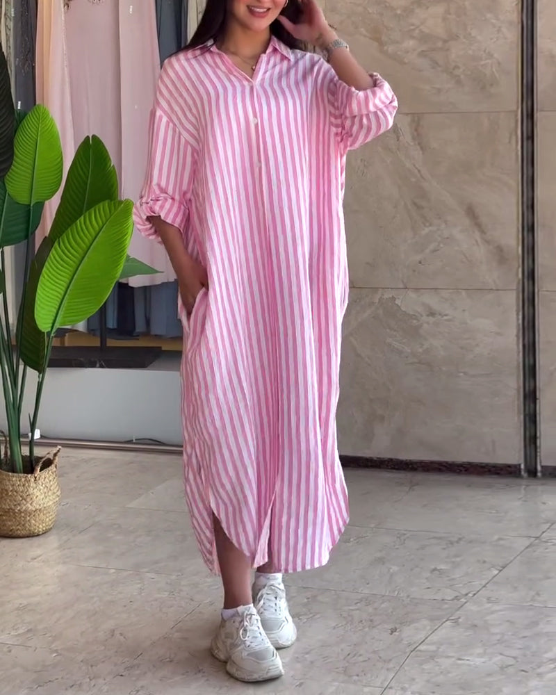 Loose Fit Shirt Dress with Classic Stripes