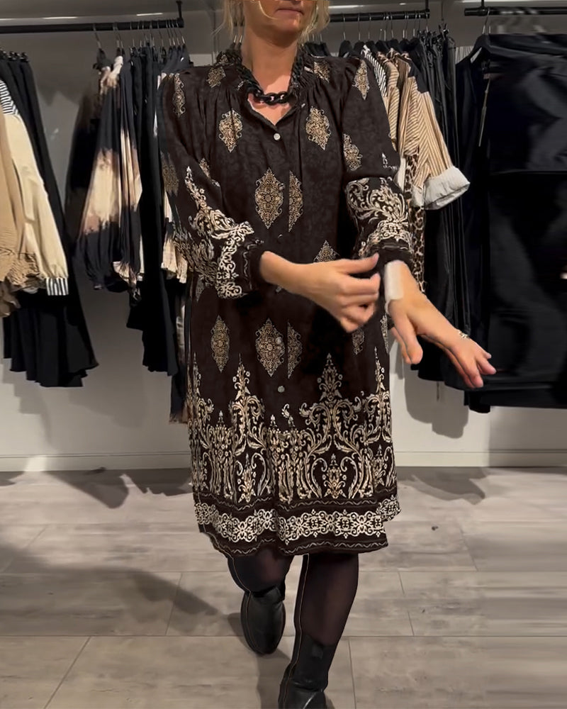 Lapel Button Down Vintage Print Dress
