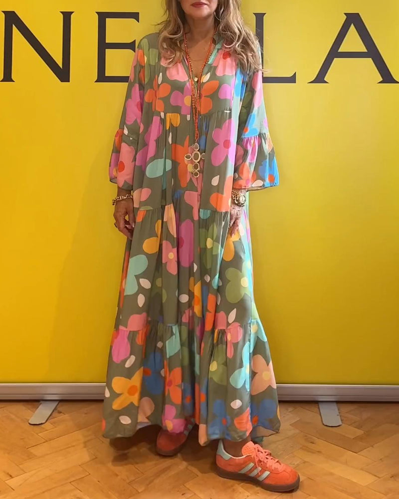 Colorful floral print bell sleeve casual dress