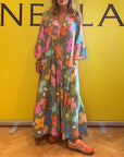 Colorful floral print bell sleeve casual dress