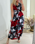 Floral print sleeveless pleated elegant dress