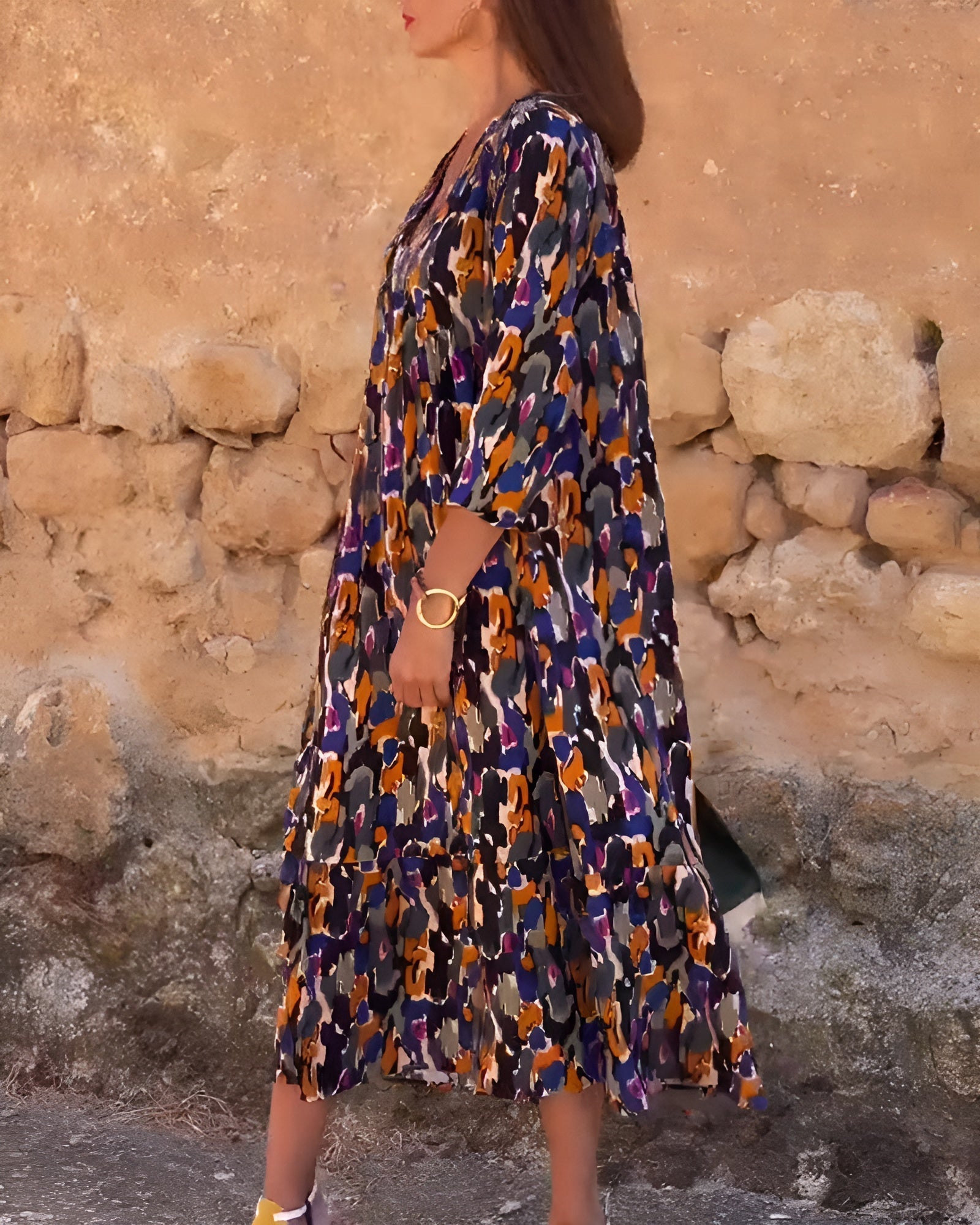 Retro Printed V-Neck Dress