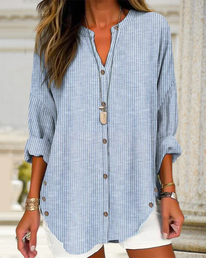 Elegant V-Neck Top With Timeless Stripe Pattern