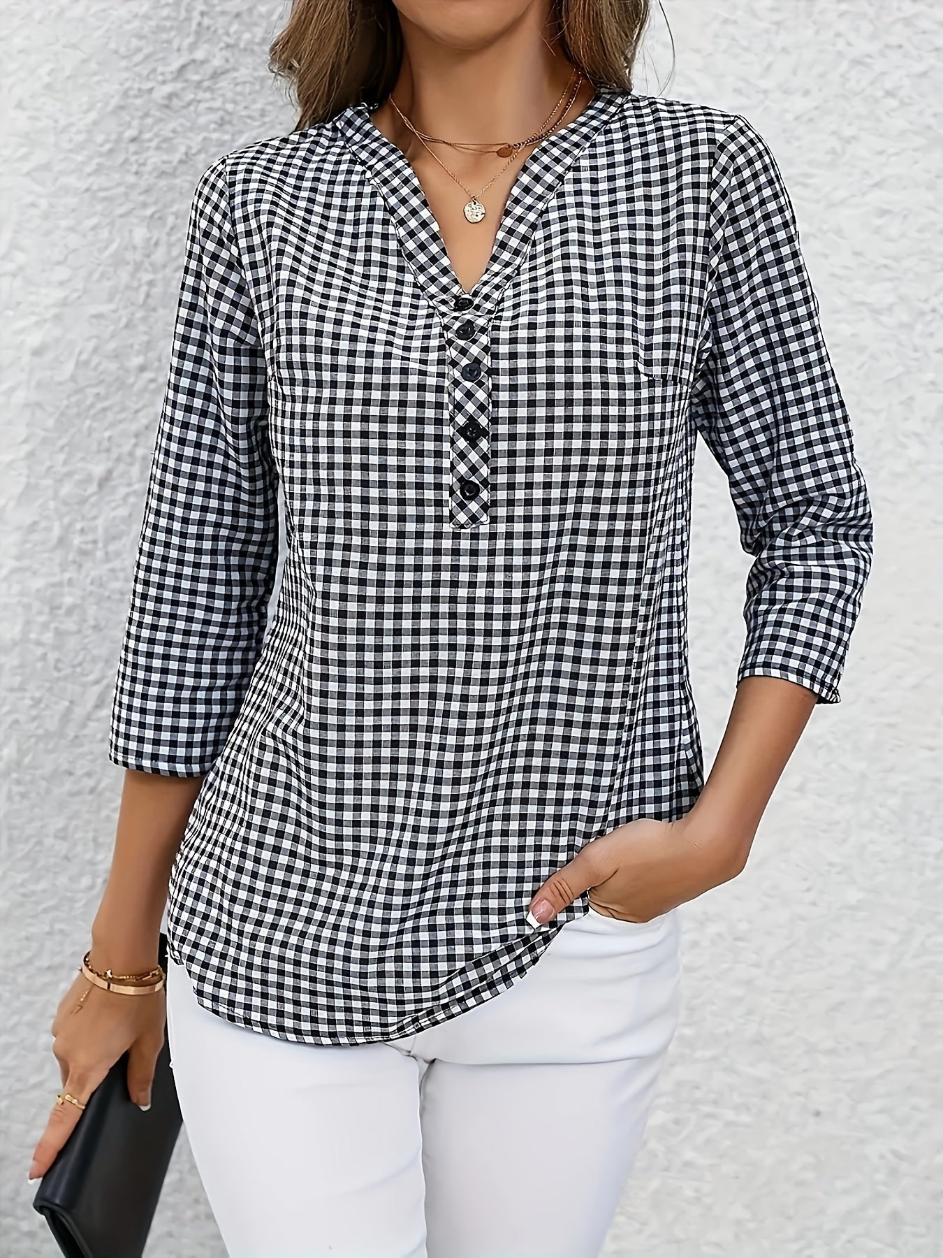 Elegant V-Neck Plaid Blouse