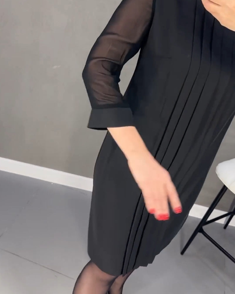 Pleated patchwork mesh solid color dress