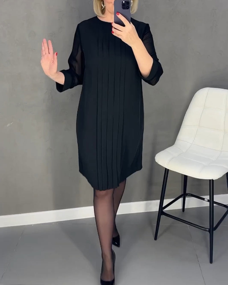 Pleated patchwork mesh solid color dress