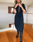 Elegant solid color round neck pocket dress