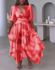 Deep V half-sleeve printed elegant dress