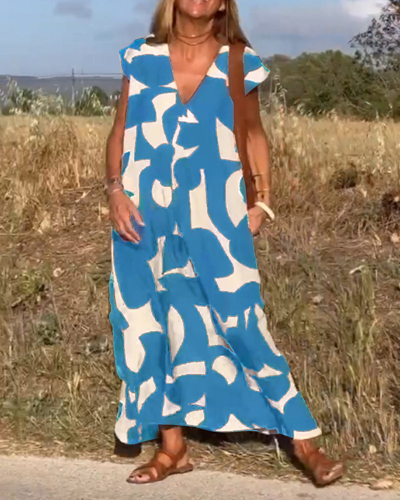 Patterned Deep V Midi Dress