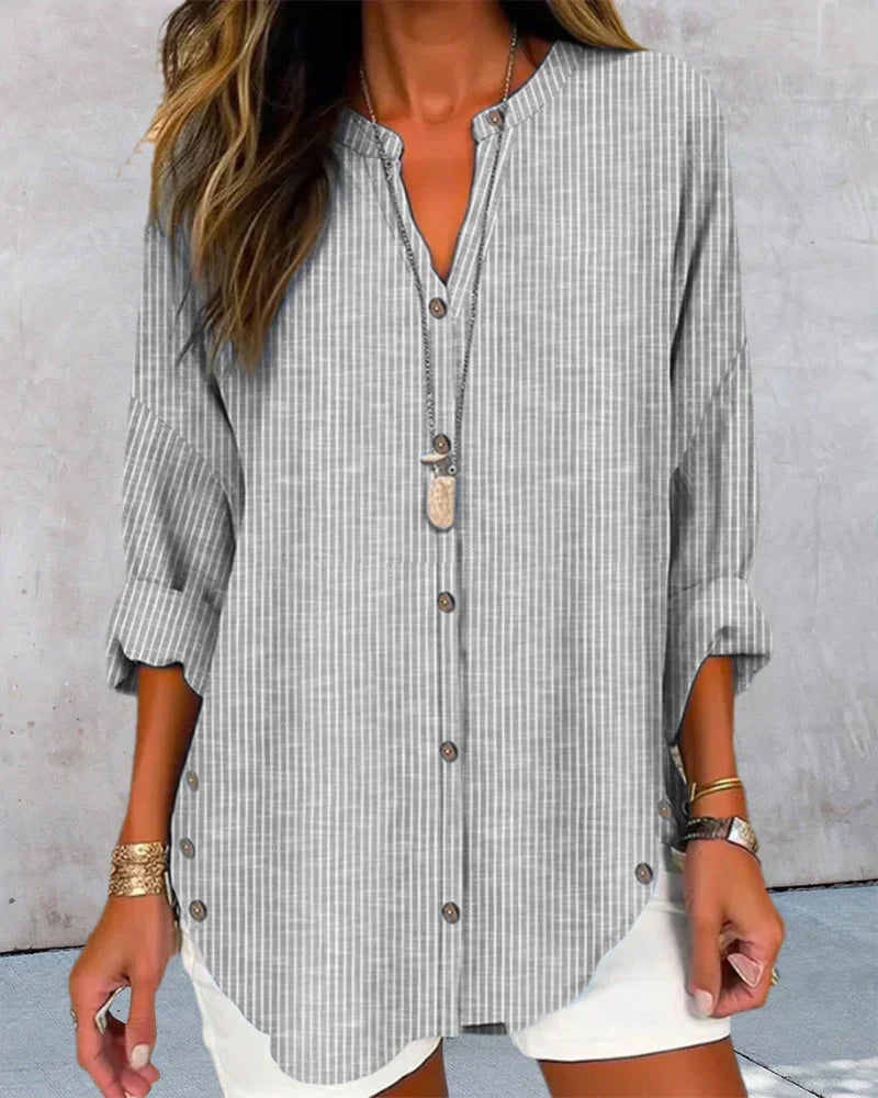Elegant V-Neck Top With Timeless Stripe Pattern
