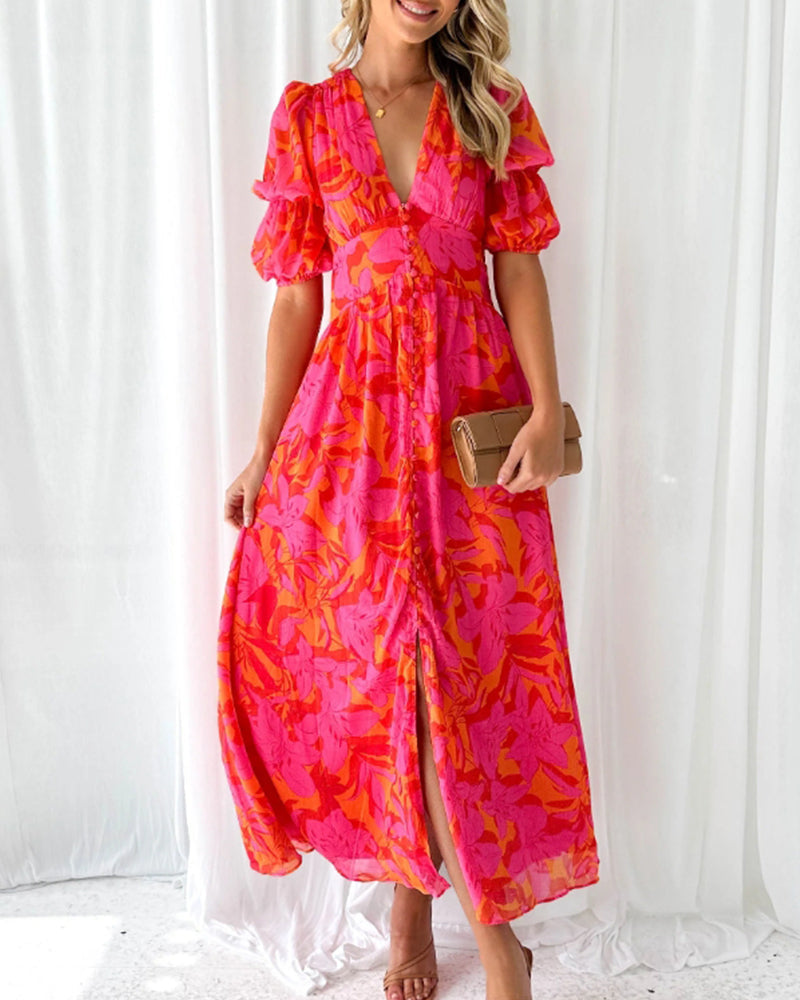 Puff sleeve printed deep V elegant dress