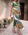 Leaf print short sleeve slit dress