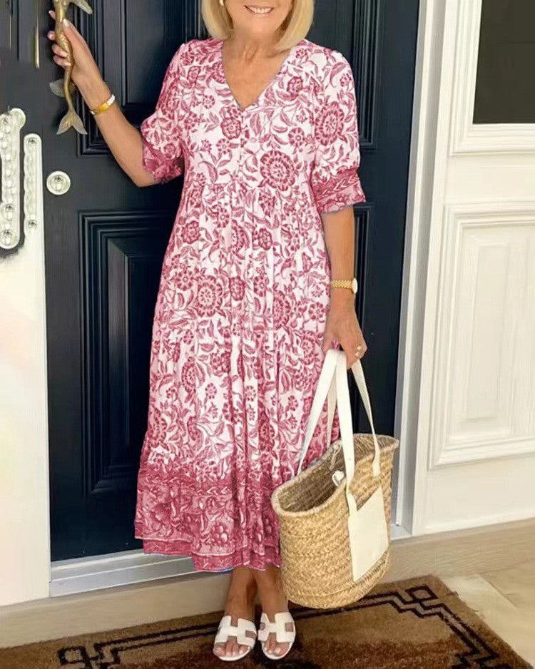 Deep V Half Sleeve Boho Tunic Dress