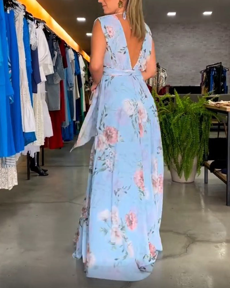 Floral print V-neck elegant sleeveless dress