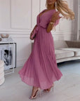 Solid color ruffled sleeves V-neck elegant dress