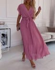 Solid color ruffled sleeves V-neck elegant dress
