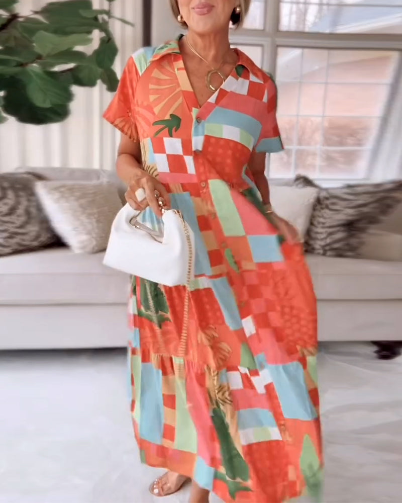 Patterned Short-Sleeve Casual Dress