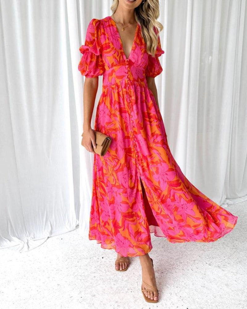 Elegant V-Neck Puff Sleeve Maxi Dress