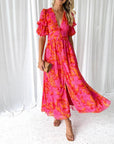 Elegant V-Neck Puff Sleeve Maxi Dress