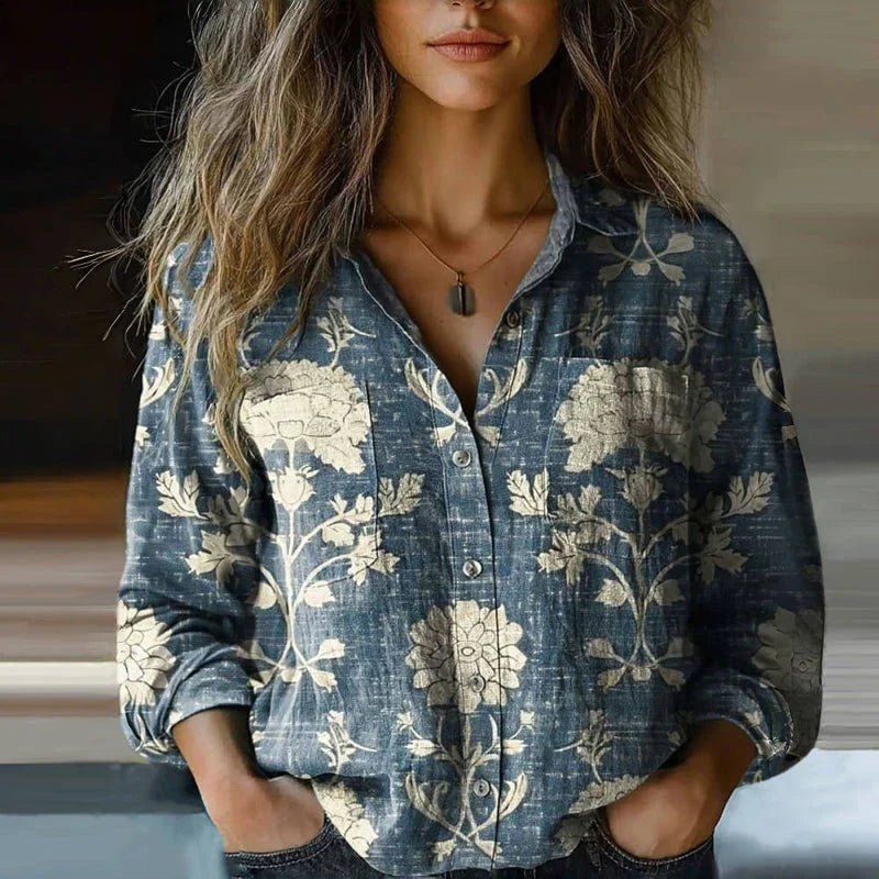 Retro Floral Print Blouse with Soft Fit