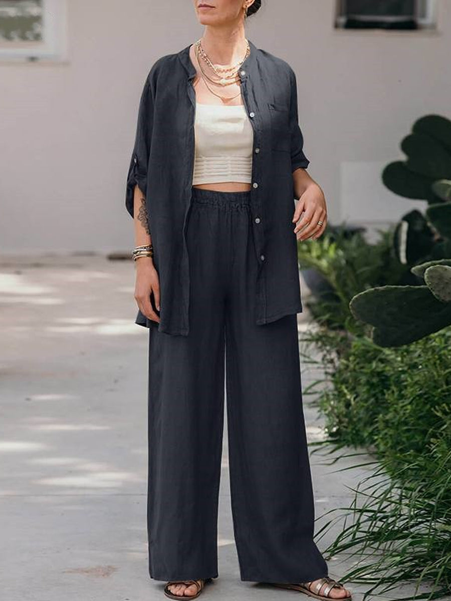 Long Sleeve Shirt Top Pants Two Piece-Set