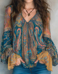 Bohemian Style Flared Sleeve V-Neck Blouse