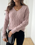 Plain V-neck Cable Knit Sweater for women's