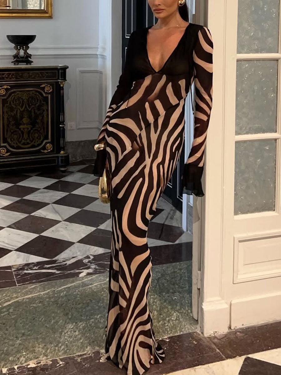 V-Neck Zebra Print Party Dress