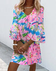 Elegant floral print V-neck bell-sleeve dress